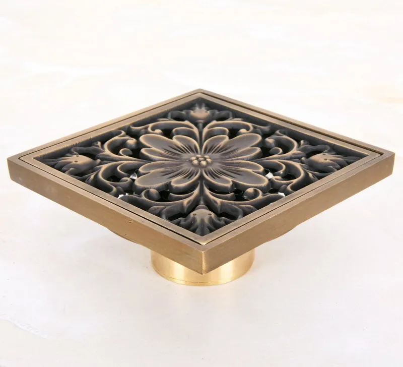 Antique Brass Carved Flower Pattern Bathroom Shower Drain 4" Square