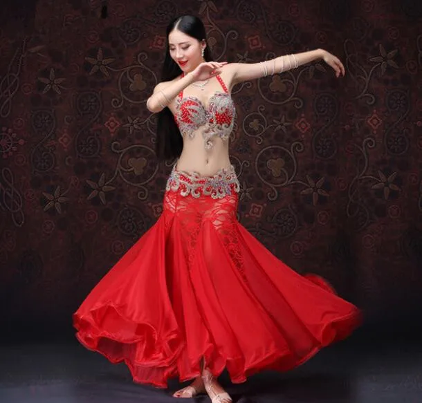 Профессиональный костюм для танца живота женский костюм для выступлений кружевное платье для танцев со стразами 3 шт./компл.(браллет и юбка на поясе) розовый - Цвет: Red