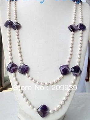 

huij 003035 Faceted Rhombus Amethyst White Rice Pearl Necklace 60