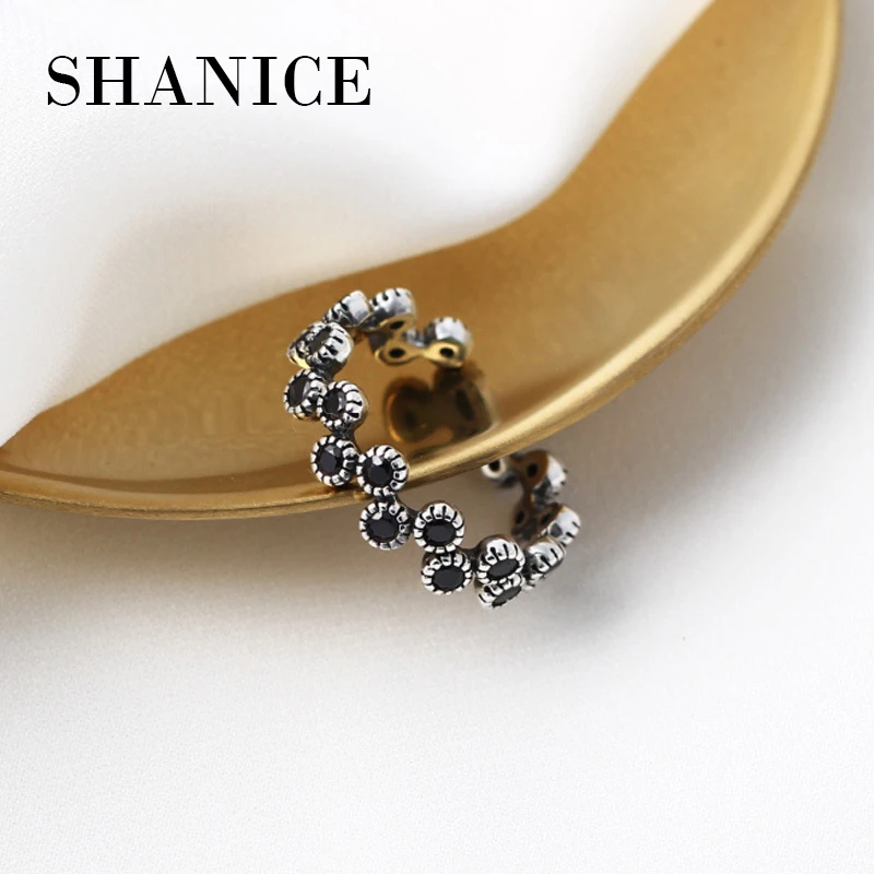 

SHANICE Wave Shape Trendy Sterling Silver Jewelry Fashion Rings for Women with Black Stone Punk Cool Female Finger Round Ringen