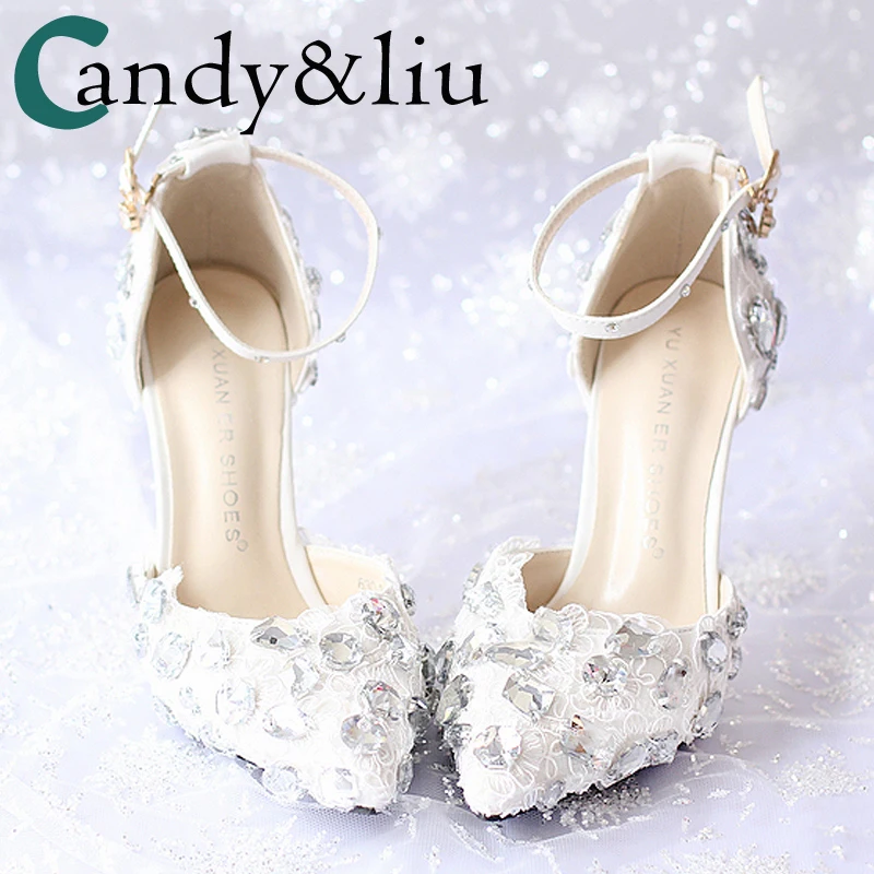 

Female Heels 7 9cm Wedding shoes White Lace Flowers Diamond Bride Pointed Toe Strap Sandals Whole Sale Higher Quality Girls Gift