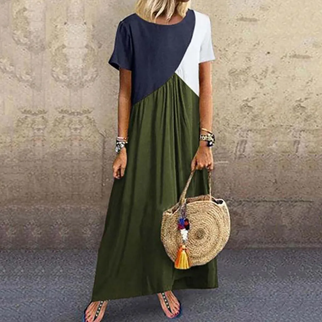 

Summer Patckwork Long Dress Women Short Sleeve Round Neck Maxi Dress Summer Female Holiday Beach Dress