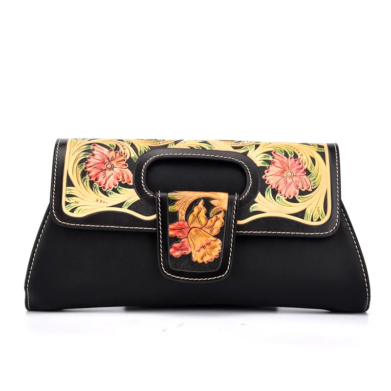 

2018 New leather carved diagonal portable handbag vintage ethnic wind flower female handbag genuine leather bag women