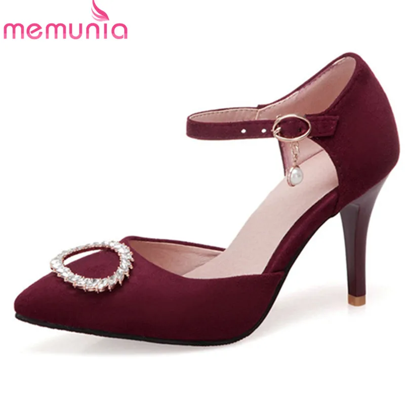

MEMUNIA 2019 big size 43 women pumps flock pointed toe summer shoes buckle thin high heels shoes ladies wedding shoes black