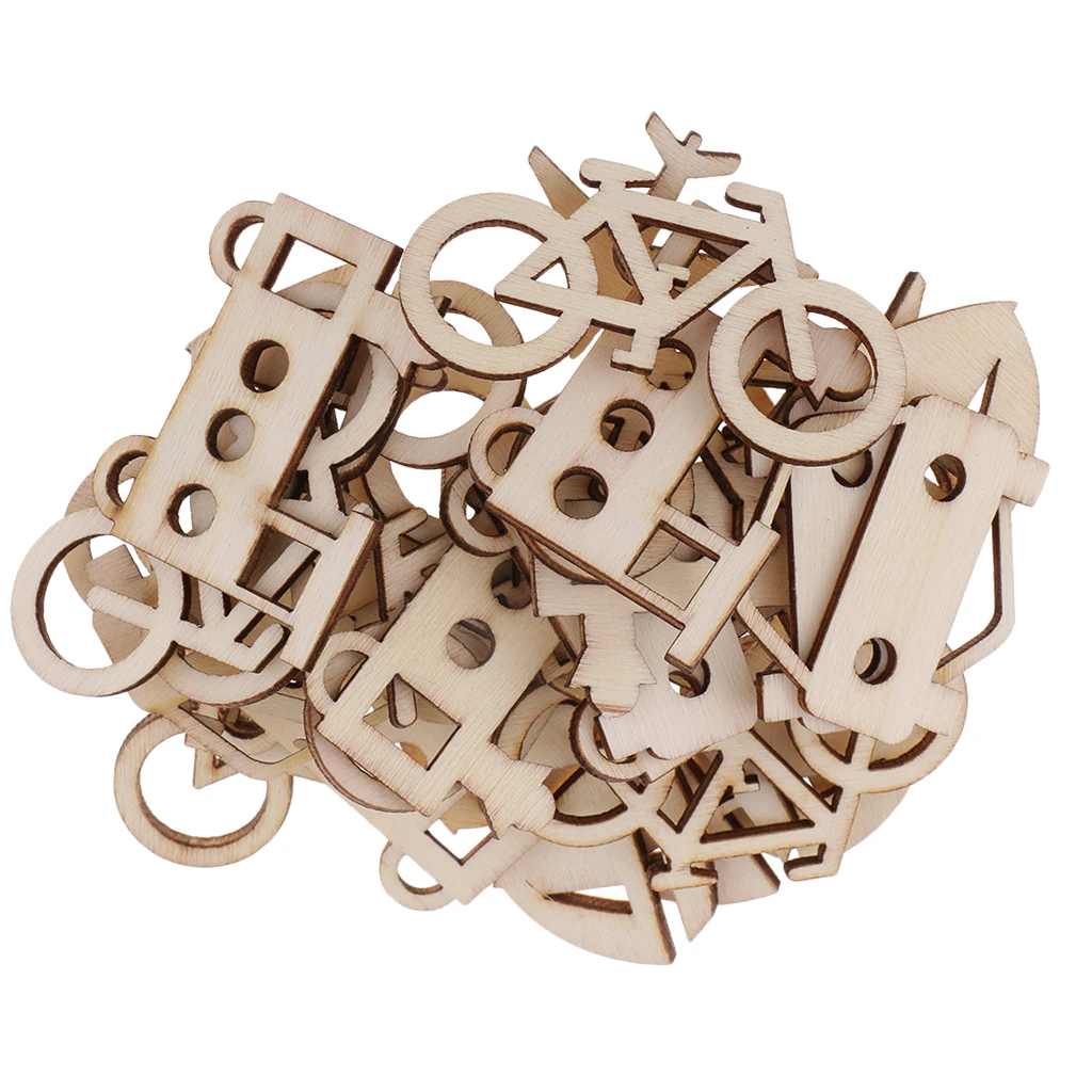 50pcs Unfinished Wood Vehicle Wooden Shapes Cutout Slices Scrapbooking Embellishments for Kids DIY Craft 