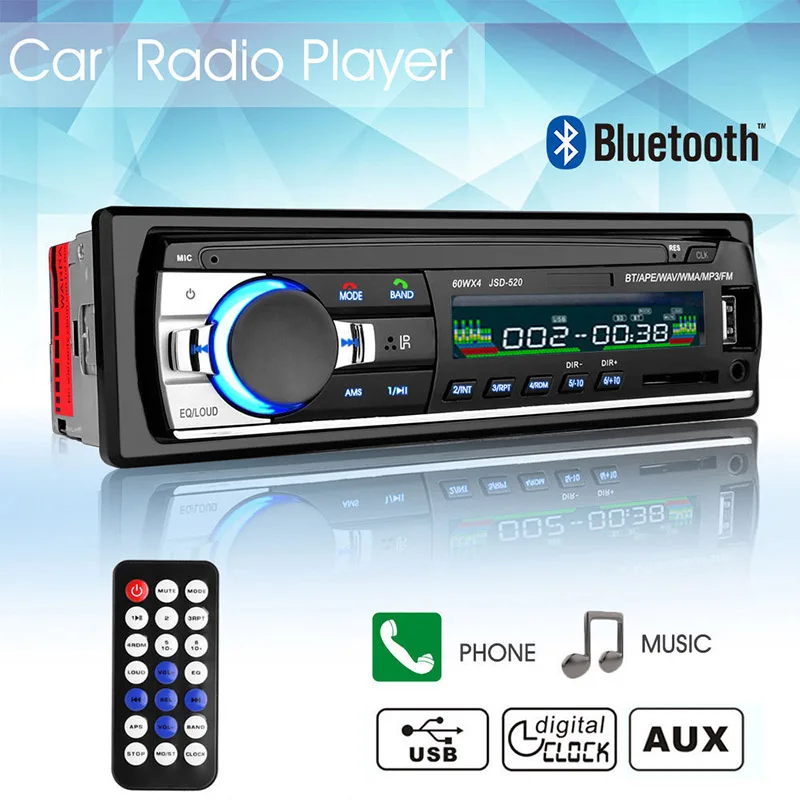 

12V Car Stereo Radio In-dash Bluetooth 1 Din Car Radio MP3 Multimedia Record Player SD USB Auto Tapes Hands-free FM Aux Input