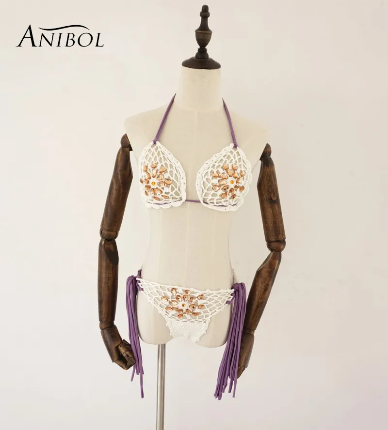 

Anibol Rhinestone Crochet Micro Bikini 2018 Sexy Hollow Out Women Swimsuit Luxury Diamond Mini Swimwear Girls Bathing Suit