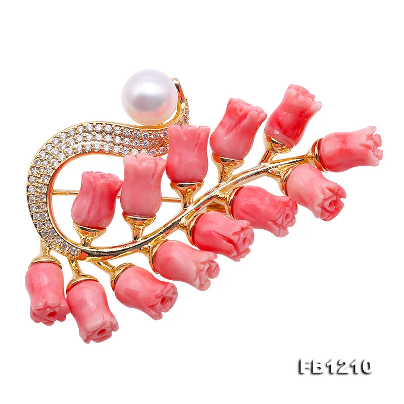 

JYX Blooming Brooch women coral Pin with 8.5mm natural White Freshwater Pearl coral brooches elegant Christmas jewelry women