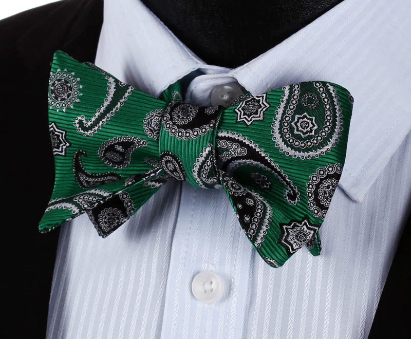  BP703G Green Black Paisley 100%Silk Jacquard Men Butterfly Self Bow Tie BowTie Pocket Square Handke