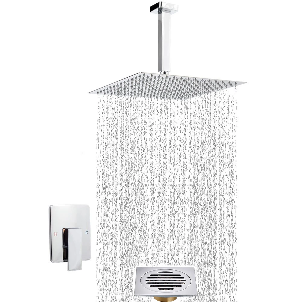 

Contemporary Luxury Rain Mixer Shower Combo Set Wall Mounted Rainfall Shower Head System Polished Chrome With Shower Floor drain