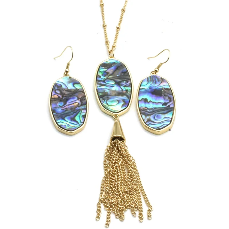 

Fashion Oval Hexagon Abalone Shell Jewelry Set Metal Tassels Long Chain Sweater Necklace & Matched Earrings Jewelry