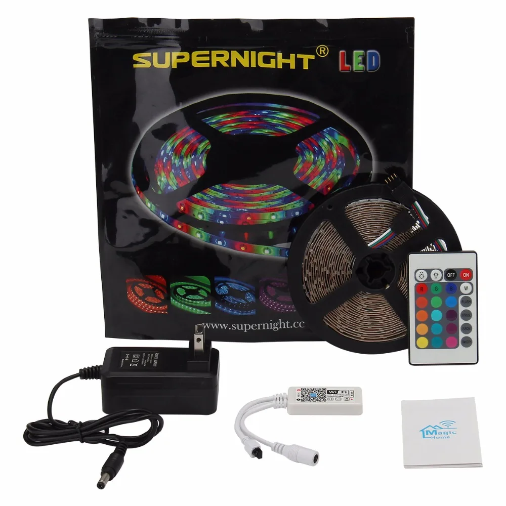 

SuperNight 3528 SMD RGB LED Strip Kit 5M 60LEDs/m DC 12V Flexible Light Band with Smart Wifi Controller Power Adapter EU US Plug