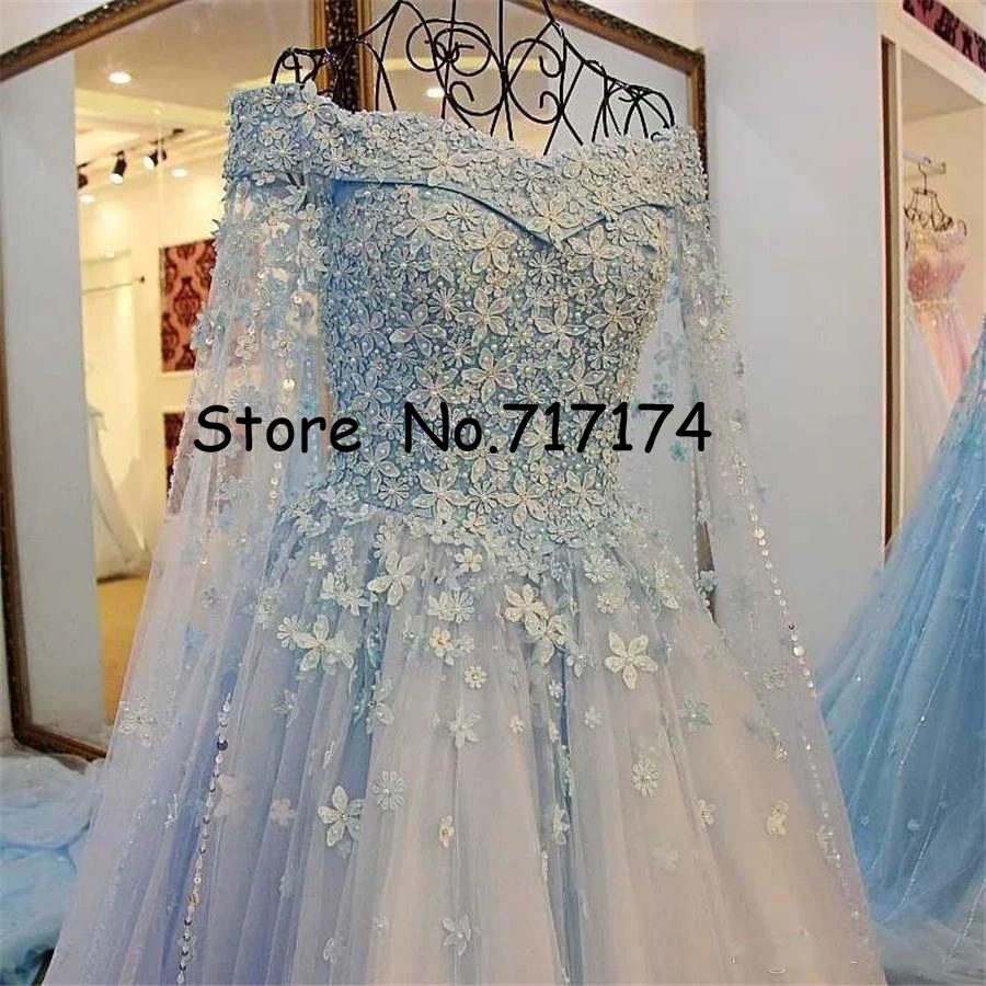 Off Shoulder Tulle Bridal Gowns A Line Wedding Dresses Amazing Sky Blue Handmade Flowers Wedding Dresses Pearls Beaded