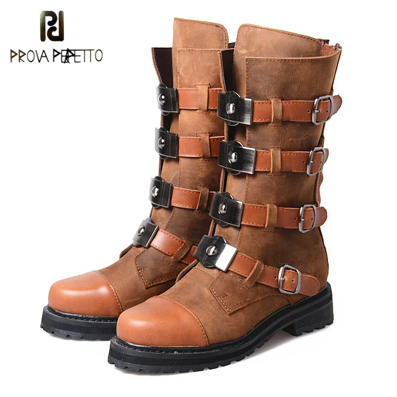 

Prova Perfetto Euramerican Retro Design Cow Genuine Leather Patchwork Buckle Strap Motorcycle Boots Punk Style Woman Mid Boots