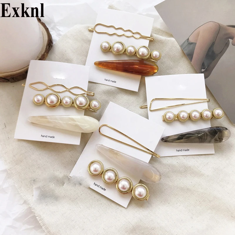 

Exknl 3pcs/set Korean Women Wedding Metal Pearl Marble Hair Clip Combination Barrette Hairgrip Hairpin Hair Styling Accessories