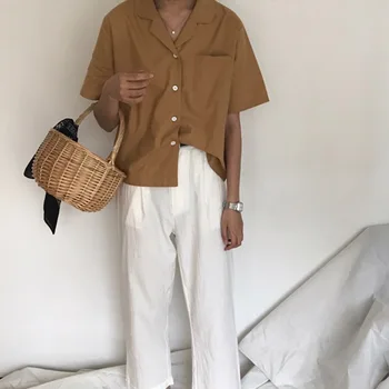 

Nwe Tops Women Blouse Solid Loose Short Sleeve Pure Basic Soft Tops Elegant Office Lady Turn Down Collar Summer Hot Sale