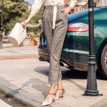 

2018 Spring fashion Plaid Basic Pants Women Casual pants High Waist Long Straight pants Female Zipper Office Lady Pants Bottoms