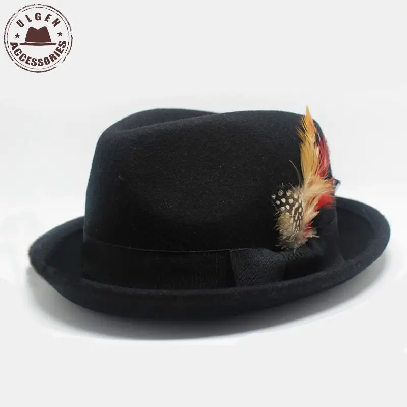 Fashion mens vintage fedora hat with feather wool felt Jazz hat black