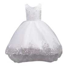Для девочек с вышитыми цветами платье принцессы из тюля из полиэстера для девочек с бантом на спине дизайн платья без рукавов, со шлейфом платье vestido infantil