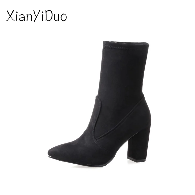 

Xianyiduo Spring/Autumn Women's Shoes Mid-Calf Boots Pointed Toe Short Plush high Heels plus size34-46 stretch boot/7-10