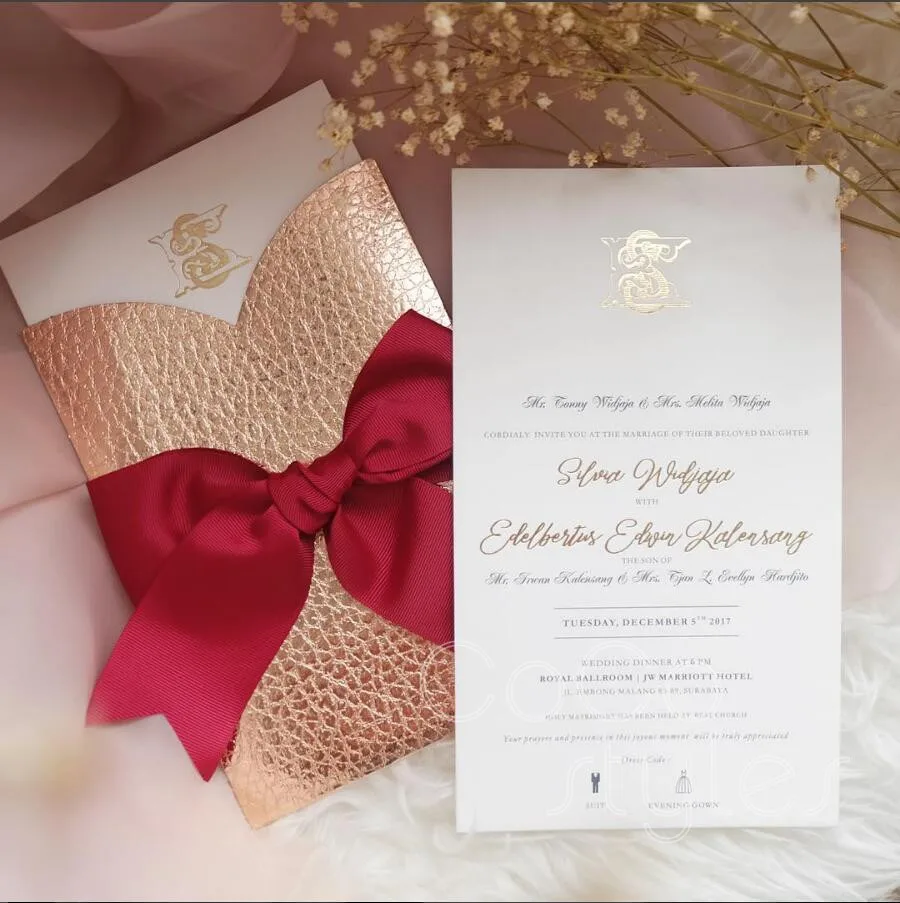  Cocostyles diy generous gold foiling wedding invitation with rose gold leather pocket and red ribbo - 32878241361