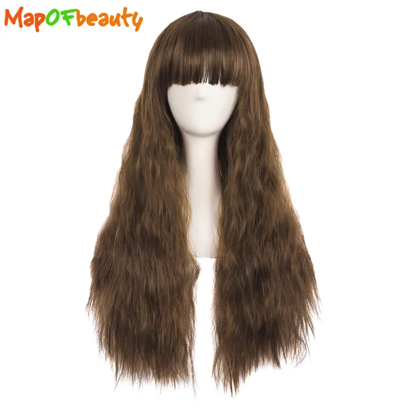 

MapofBeauty 28" Long Brown Black Yellow Bangs Synthetic Kinky Curly Heat Resistant Wigs For Women African American Cosplay Wig