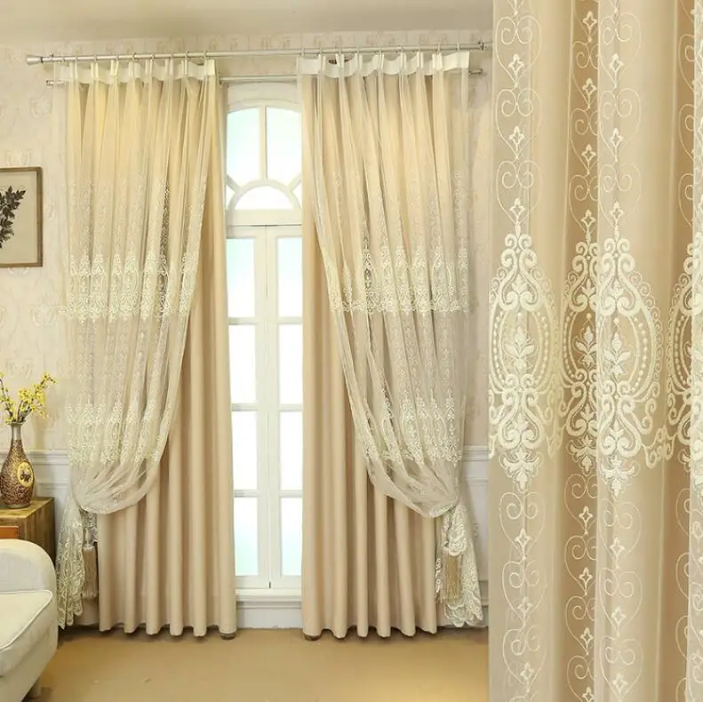 

European Lace Embroidery Tulle+Black Out Double Curtains with Leaves Tassel High Black Out Blinds Window Curtains For Livingroom