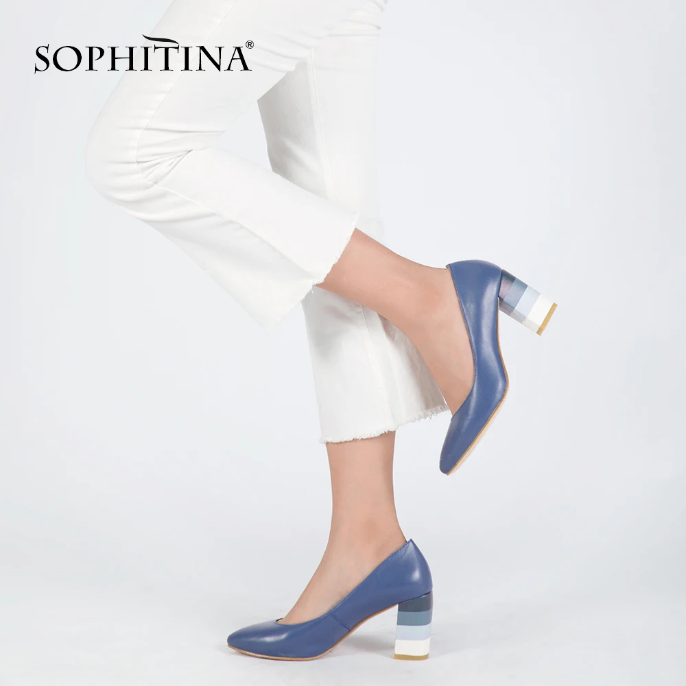 Achat SOPHITINA Véritable Femme En Cuir Pompes Coloré Carré Talons Haute Qualité en peau de Mouton Sexy Bout Pointu Chaussures Parti Office Lady D24