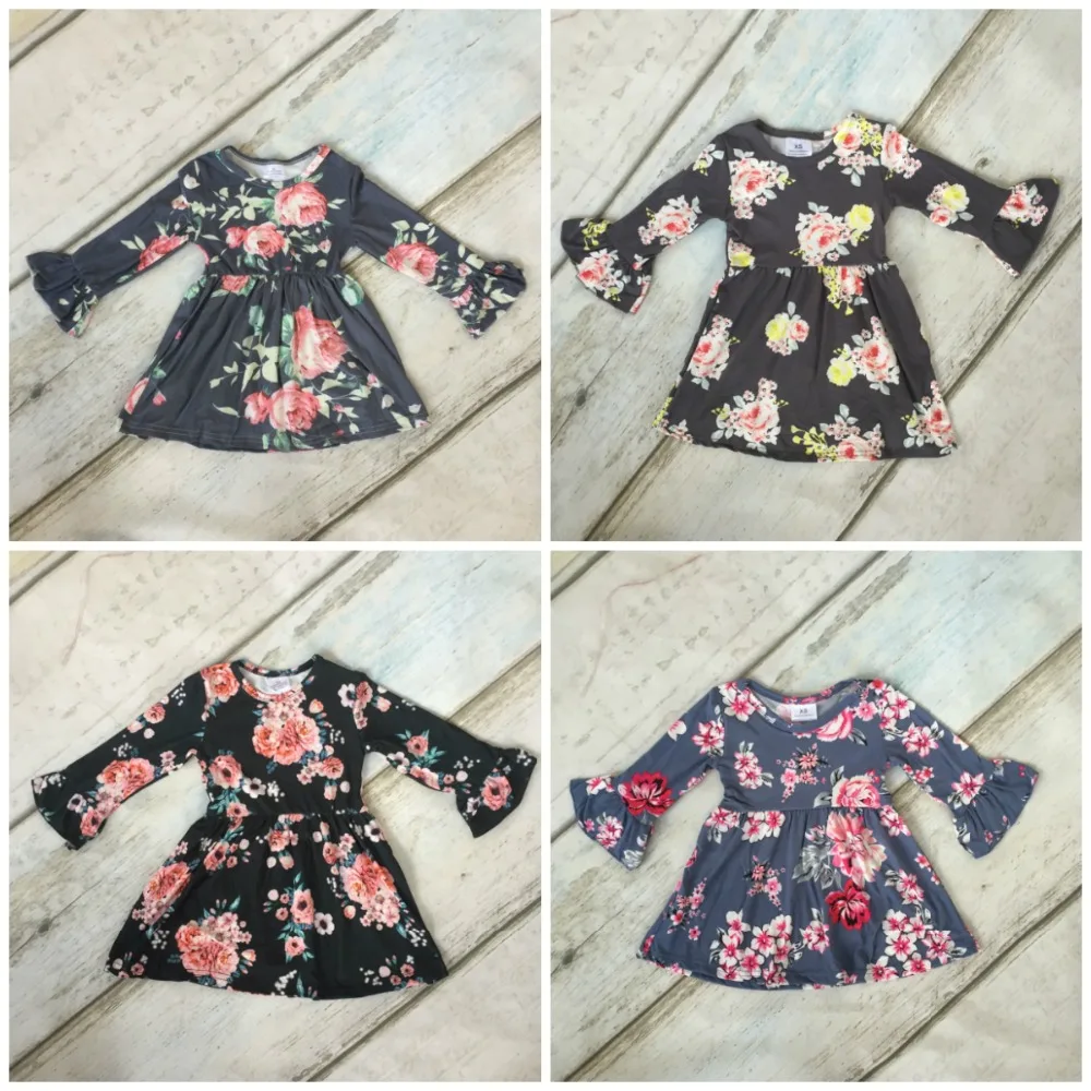 

Fall/winter baby girls children clothes cotton long sleeve dress multy color ruffle floral grey black boutique milk silk kids