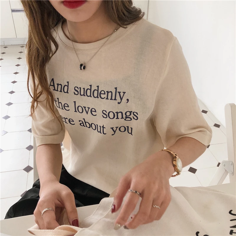 

3 colors spring korean chic style loose breif letter print cotton o neck short sleeve t-shirts womens tee shirt femme (y3229)