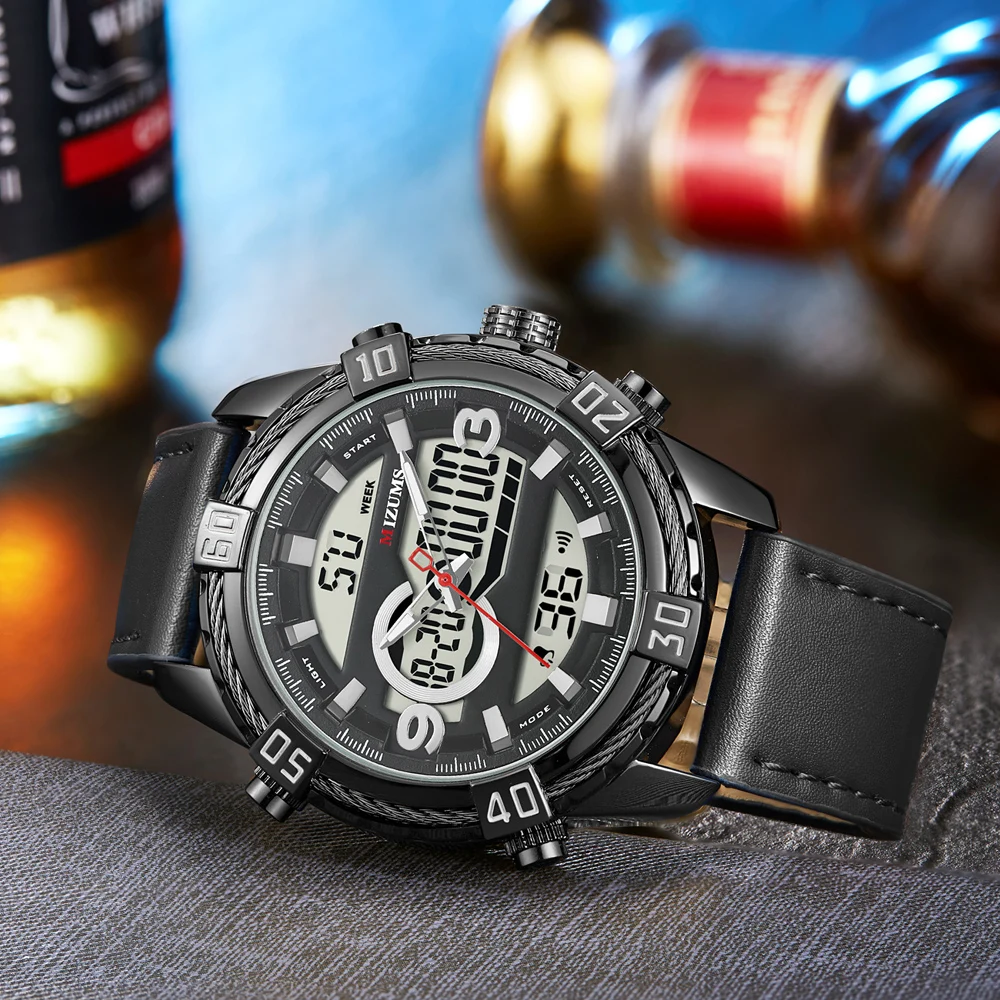 Mens Watches Top Luxury Brand Men Leather Sports Watches MIZUMS Men's Quartz LED Digital Clock Waterproof Military Wrist Watch 2019 New montre hommes (36)