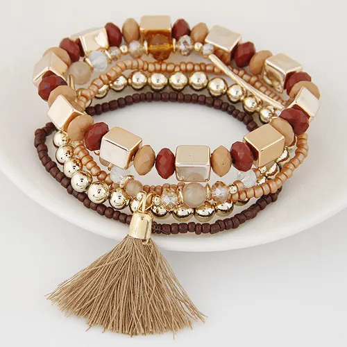 DIEZI богемные модные плетеные кисточки из бисера браслеты и браслеты Эластичный браслет с шармами ювелирные изделия для женщин - Окраска металла: coffee