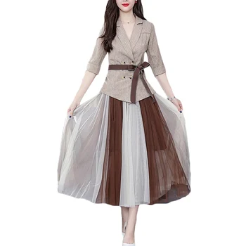 

Small Suit Mesh Dress Women 2019 Spring Summer New Fashion Suit Skirts Two-piece Sets Korean Women's High waist Casual Sets F363