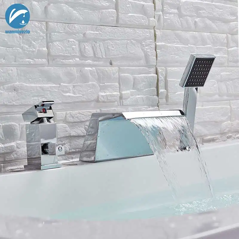 

Chrome Widespread Waterfall Bathtub Faucet Deck Mounted Tub Sink Mixer Widespread Single Handle with Hand shower Tub Crane Tap