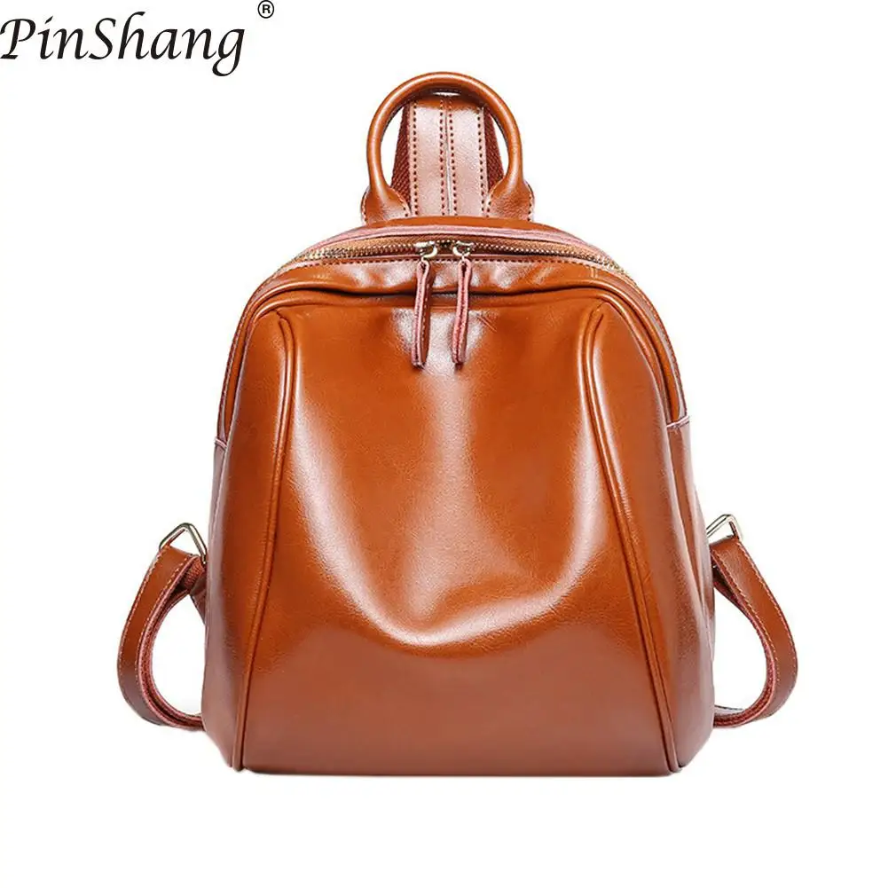 PinShang Women Backpack Vintage Casual Genuine Leather Backpack Solid
