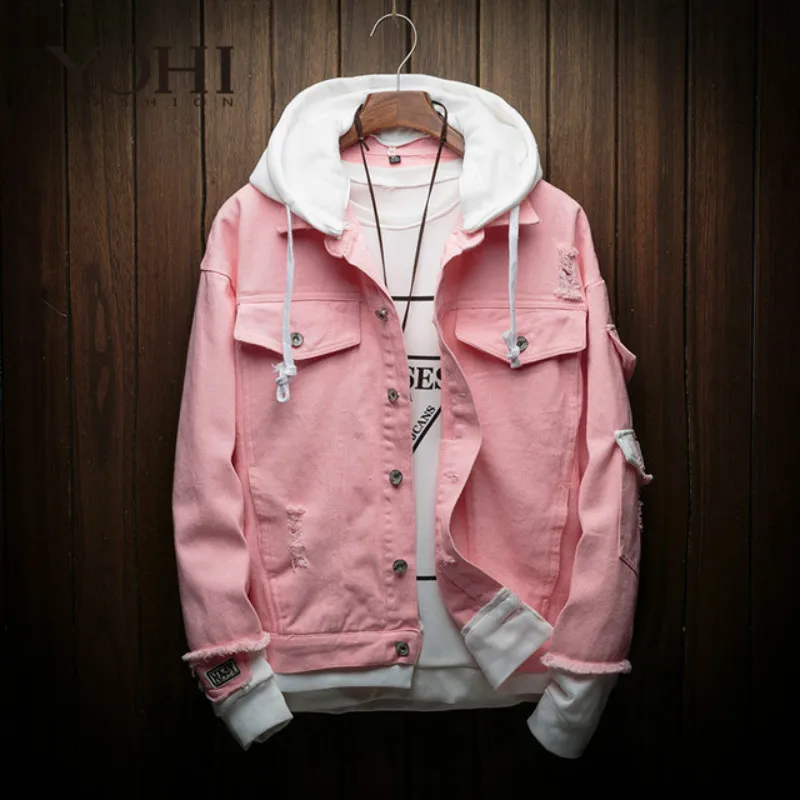 Новая осень с капюшоном деним Для мужчин Мода поддельные Двойка Streetwear Bomber Coat человек ковбойская одежда джинсы мужской S-3XL