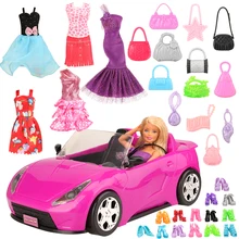 Newest handmade cheap 26 items/set doll Accessories = 1 toy car +5 clothes +10 random pick bargs shoes For Barbie doll Best Gift 9 item set doll accessories 3 pcs doll clothes dress 3 plastic necklace random 3 pairs shoes for barbie doll girl gift toy