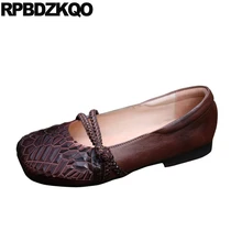 Традиционные китайские туфли настоящая кожа дизайнер этнической коричневый плоские морской узел женщин ручной работы серый престарелые Мэри Джейн Квадратный носок ретро последние Мода красивая весенняя осень