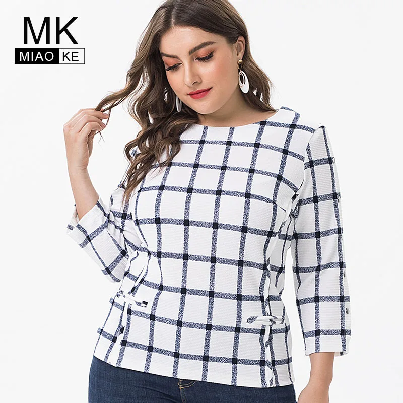 Miaoke 2019 fall ladies Plus Size Plaid tops and blouses womens Clothing Fashion elegantes female T-shirts 4XL 5XL 6XL