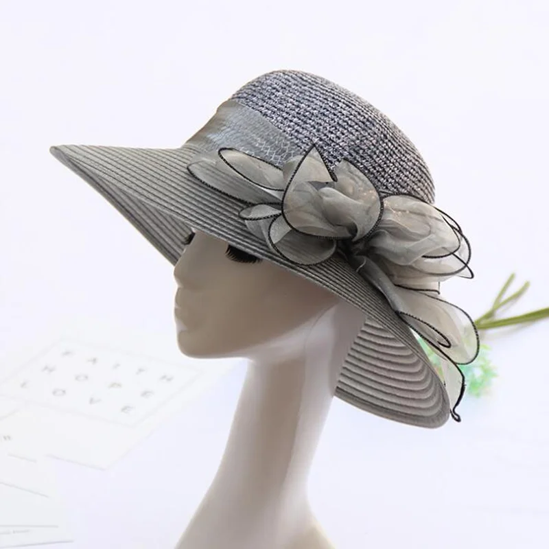 Цветочный шляпа с широкими полями летняя пляжная шляпа пшеничной соломы женская солнцезащитная Кепка для каникулы, отпуск, женские головные H3 - Цвет: Grey
