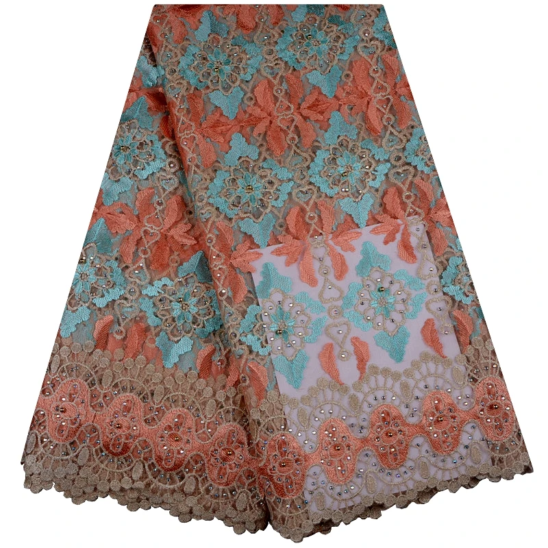 

Peach Color Nigerian French Lace Fabric With Stone Latest African Tulle Lace Fabric High Quality African Lace Wedding FabricF880