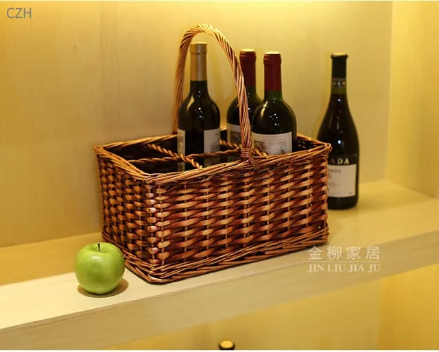 Натуральный и ручной работы 6 отделов плетеная и Виноградная лоза вязаный Органайзер корзина для хранения вина, напитков и кемпинга принадлежности для пикника