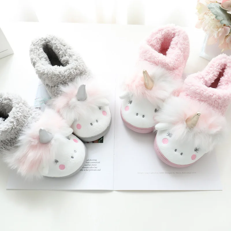 ASILETO Winter cartoon unicorn slippers fur Cotton shoes indoor floor lovely slippers Fluffy slip on cozy size 35-40 Pantoufle