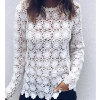 

Women Fashion Lace O-Neck Blouses Long Sleeve Patchwork Slim Blouse Ladies Casual Tops