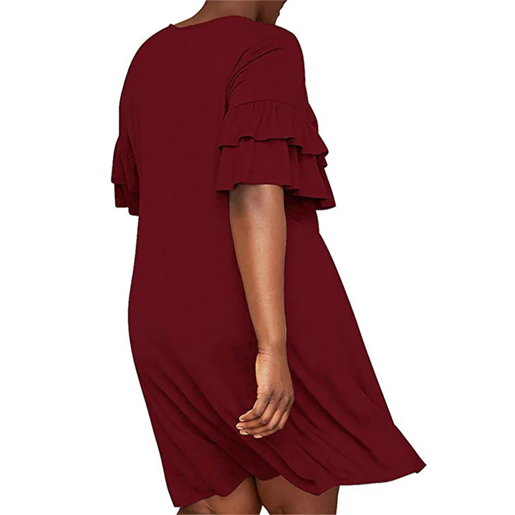 Womail женское платье размера плюс, рукав с оборками размера плюс, однотонное свободное повседневное свободное платье с карманами, осенние платья XL-5XL