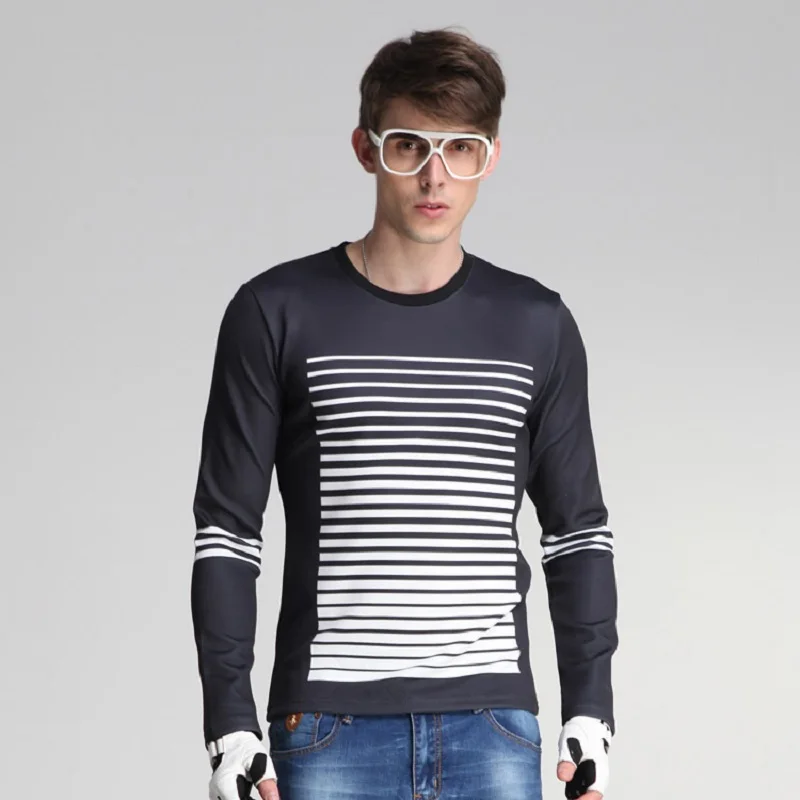 Brand New Fashion Stripe Thin Men Long Sleeve T shirt Men Slim Fit