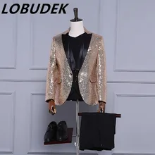 Модные для мужчин золотой костюм комплект весна, лето, осень зима мужской декоративный узор личности певица танцор звёзды бар