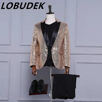 

fashion men gold suit set spring summer autumn winter male decorative pattern personality singer dancer stars bar