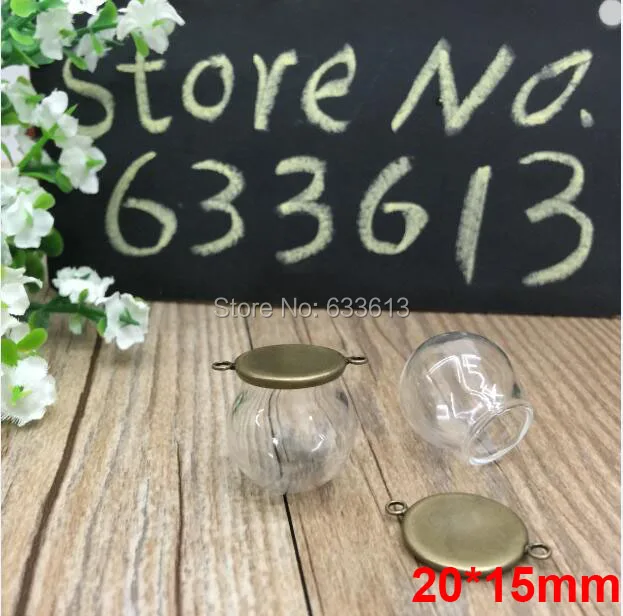 

Free ship 50sets/lot bronze color 20*15mm glass globe & 16mm base with 2 ring glass globes set glass vial pendant glass cover