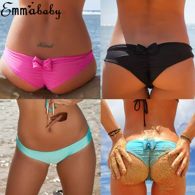 

Women Brazilian V Cheeky Bowknot Bikini Bottom Thong Underwear Beach Swimsuit Ruffle Two-Piece Separates 5Colors